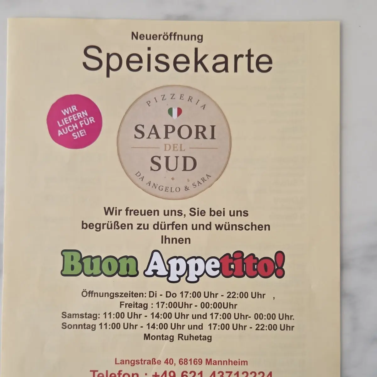 Speisekarte, Pizzeria SAPORI del SUD da Angelo e Sara