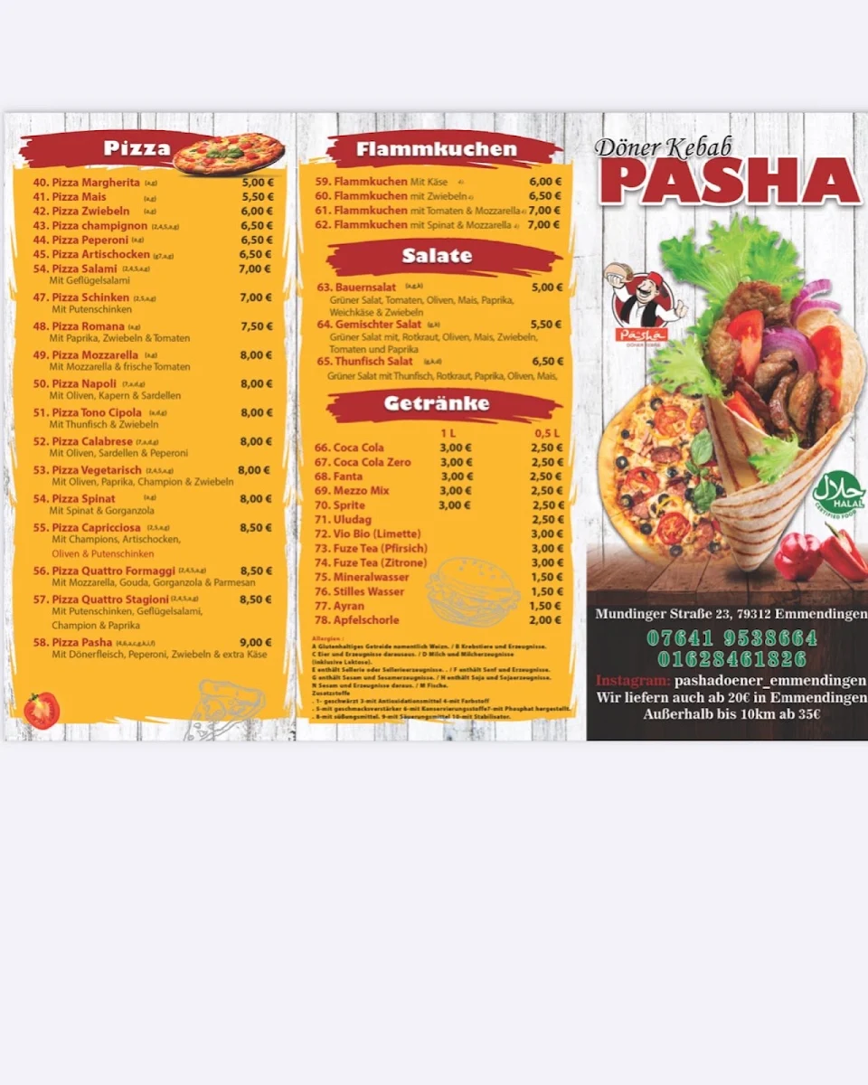 Speisekarte, Pasha Döner Kebab