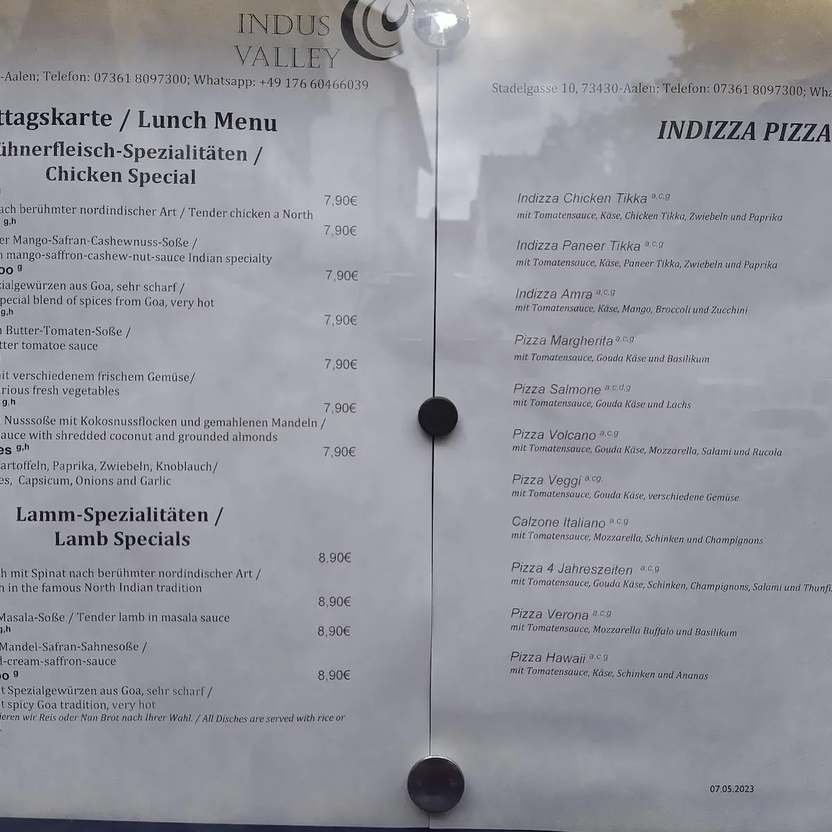 Speisekarte, Indus Valley Restaurant