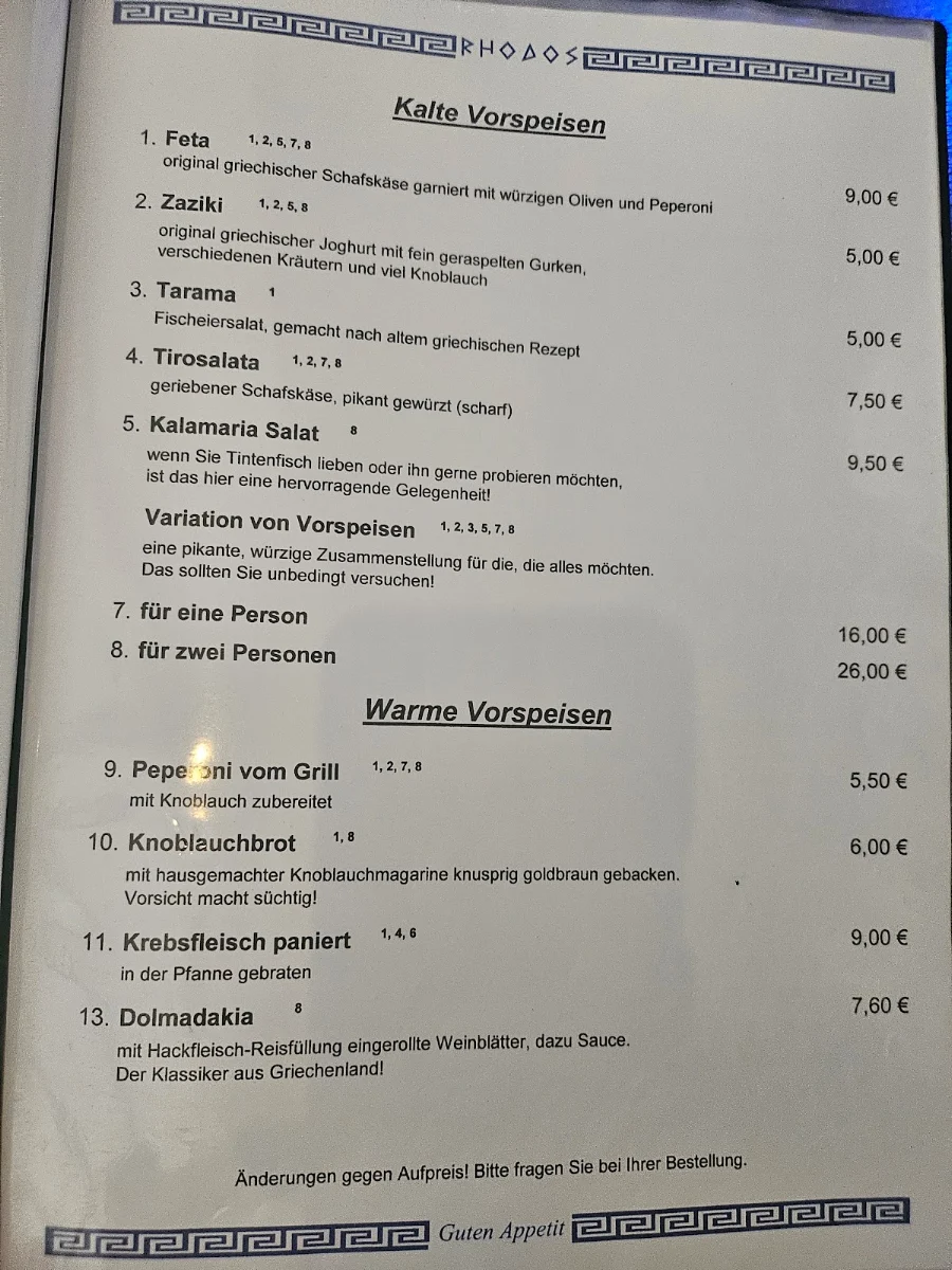 Speisekarte, Restaurant Rhodos