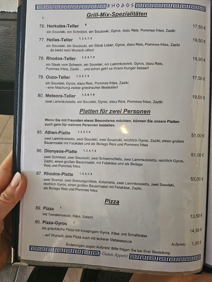 Speisekarte, Restaurant Rhodos