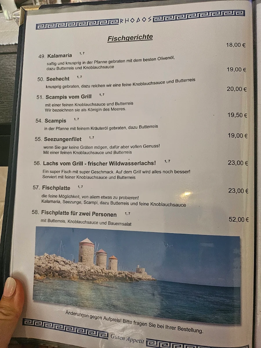 Speisekarte, Restaurant Rhodos