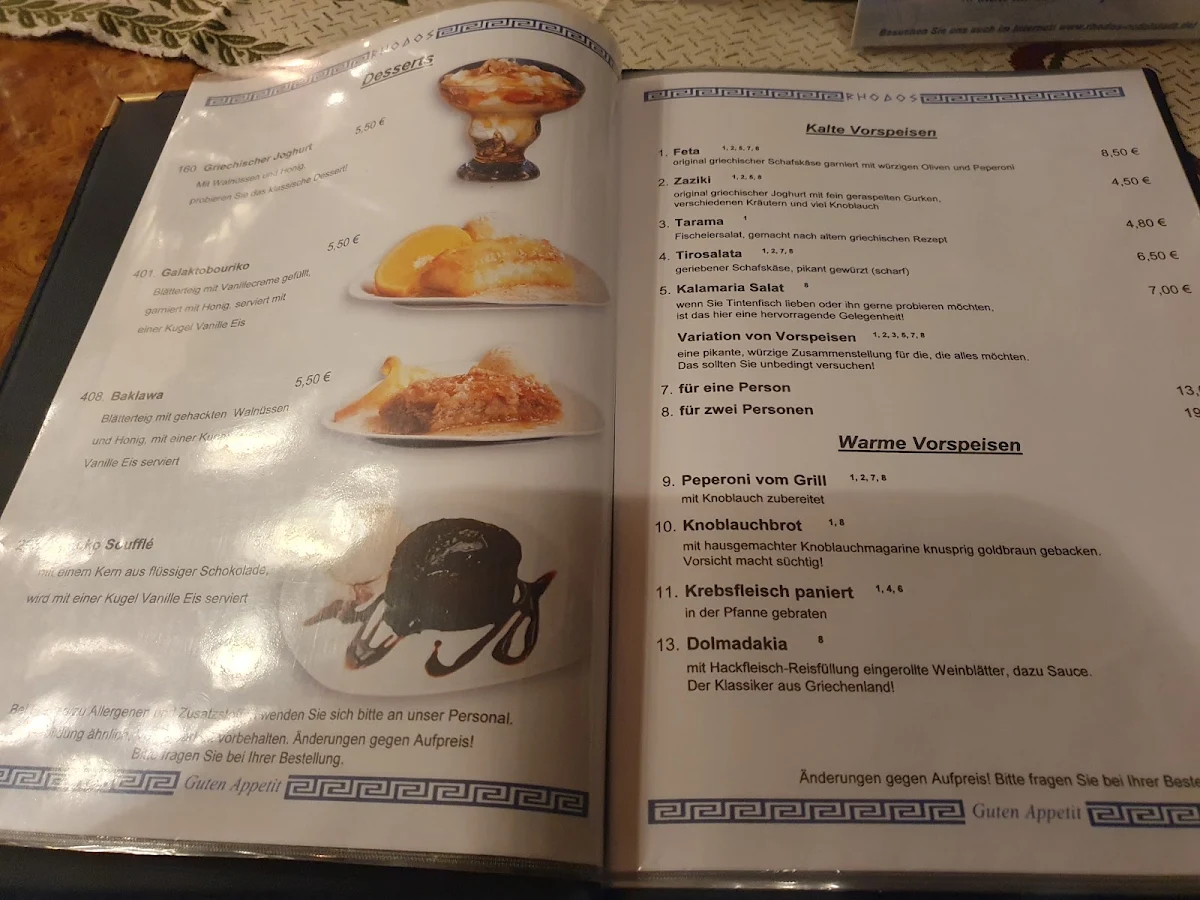 Speisekarte, Restaurant Rhodos