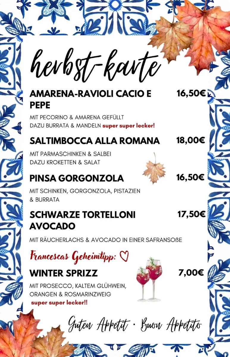 Speisekarte, Toni's Pizzeria