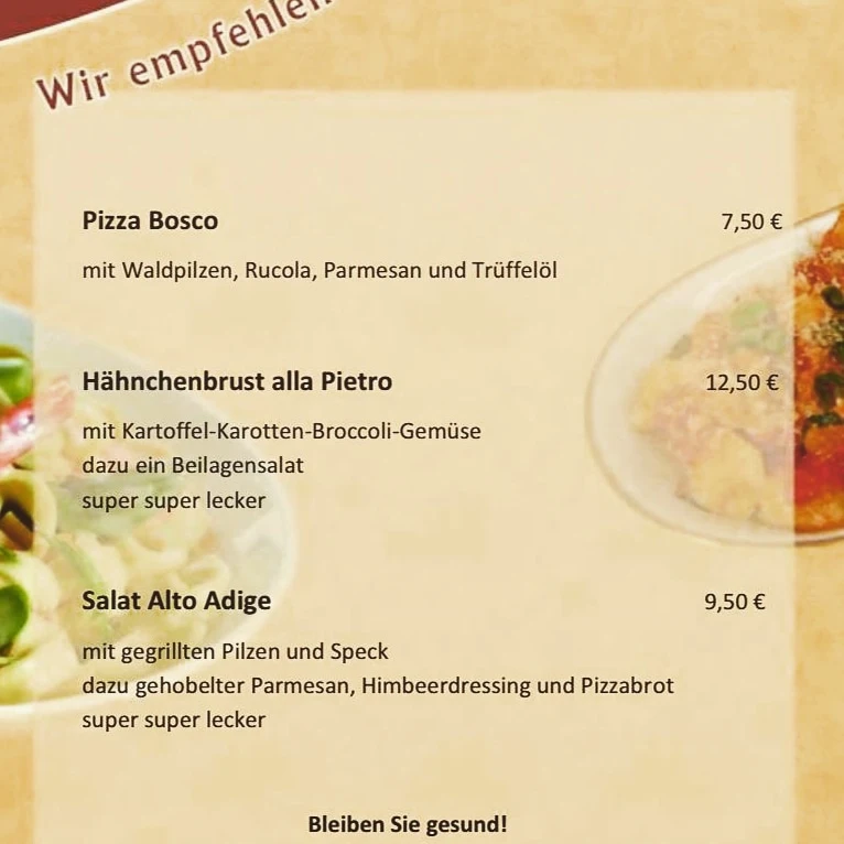 Speisekarte, Toni's Pizzeria