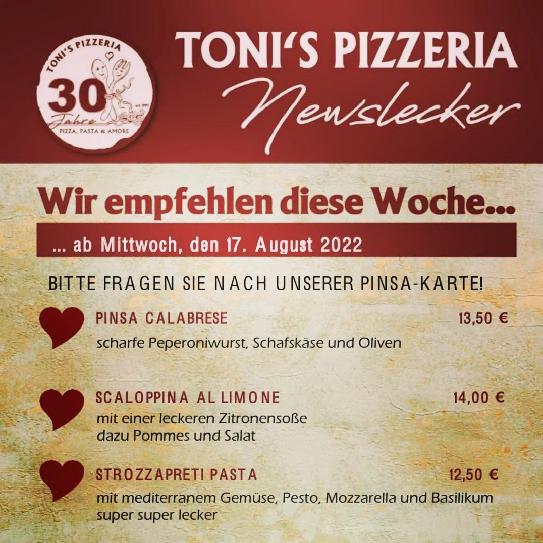 Speisekarte, Toni's Pizzeria
