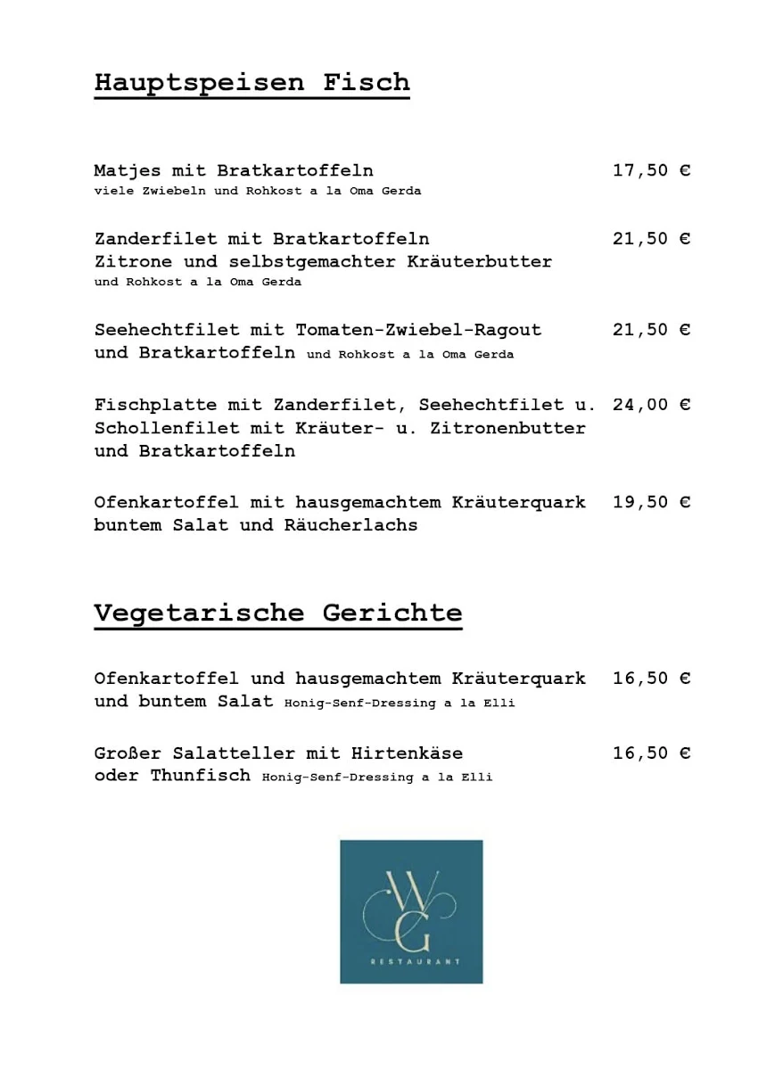 Speisekarte, W&G Restaurant