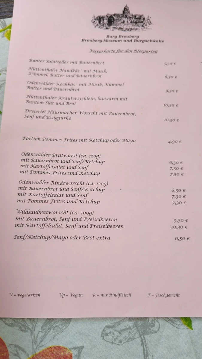 Speisekarte, Burgschänke
