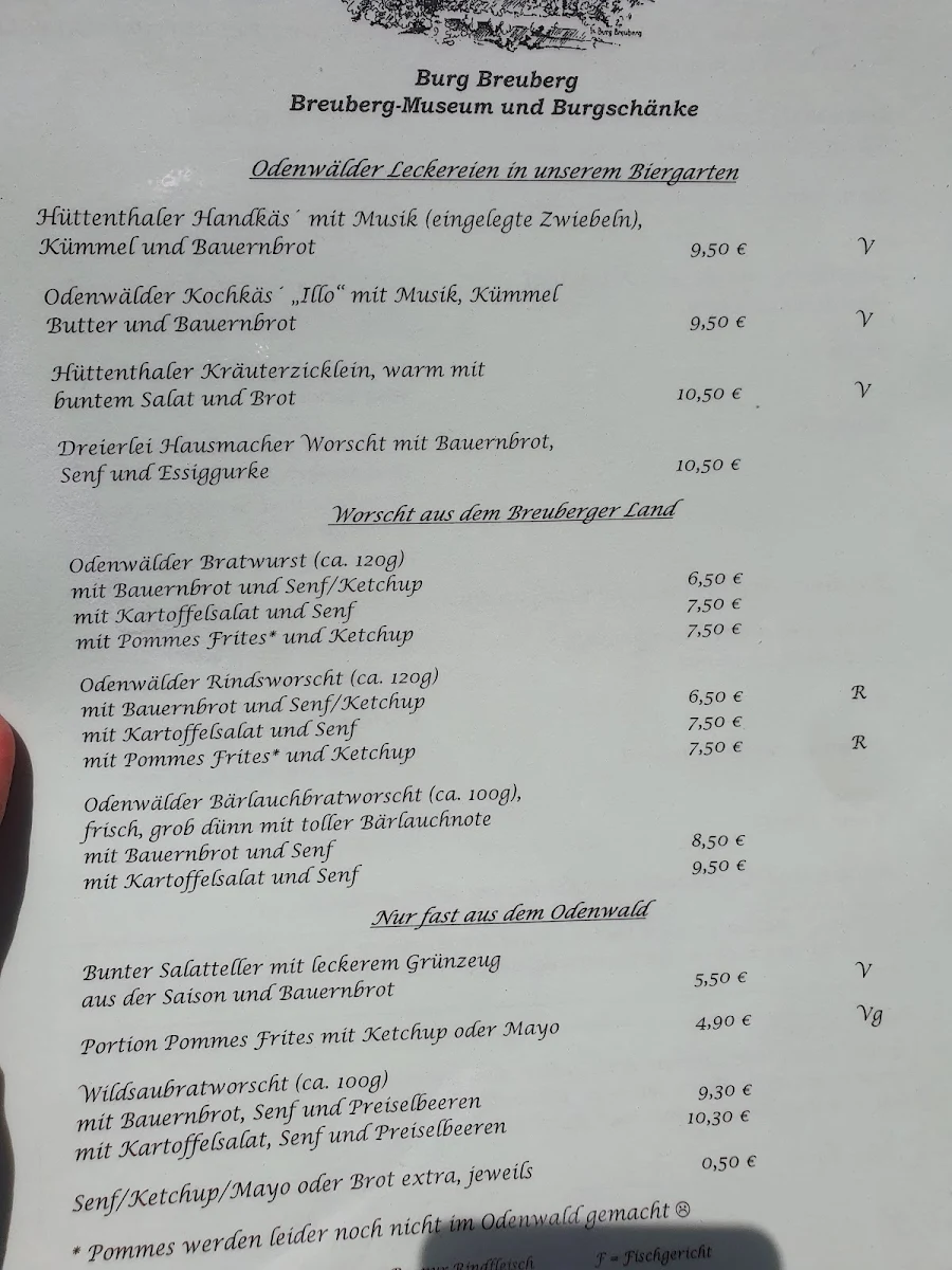 Speisekarte, Burgschänke