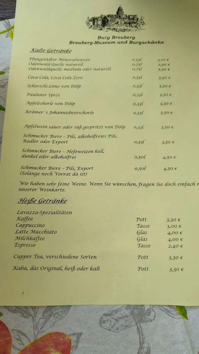 Speisekarte, Burgschänke