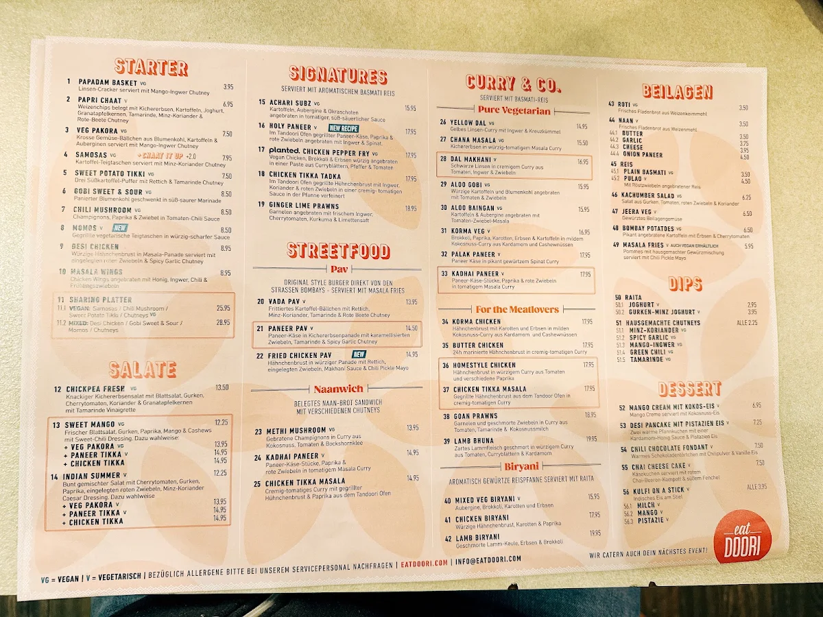 Speisekarte, eatDOORI - Indisches Restaurant Mainz
