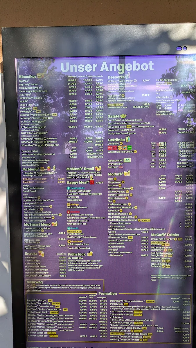 Speisekarte, McDonald's