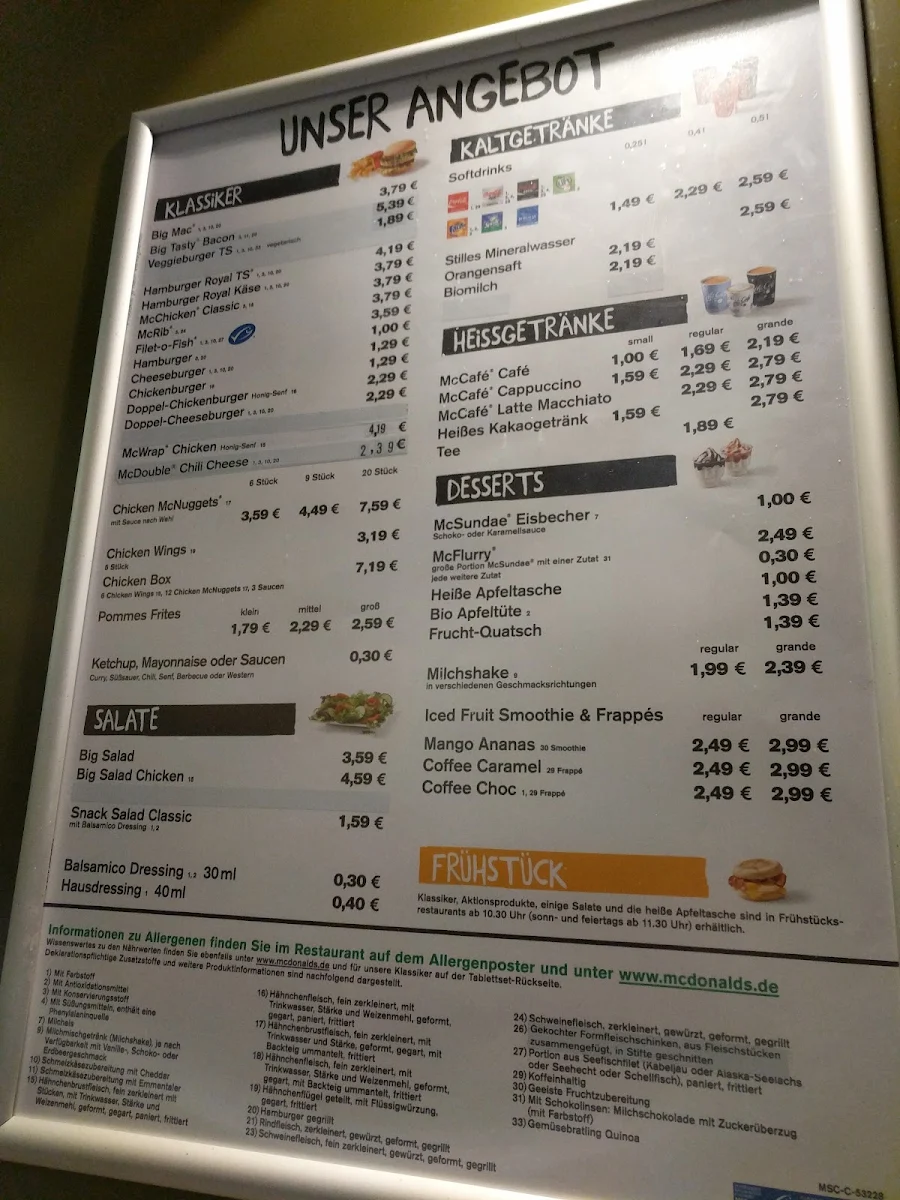Speisekarte, McDonald's