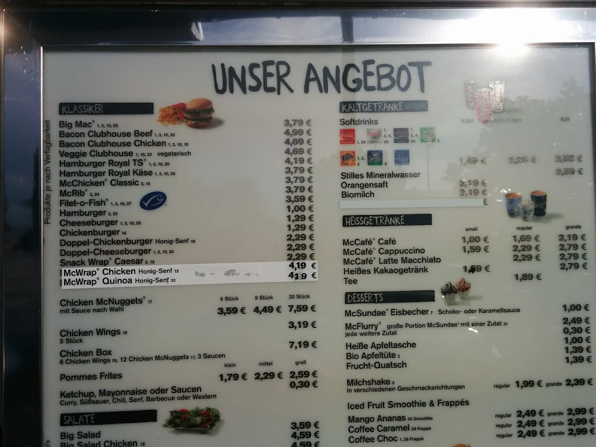 Speisekarte, McDonald's