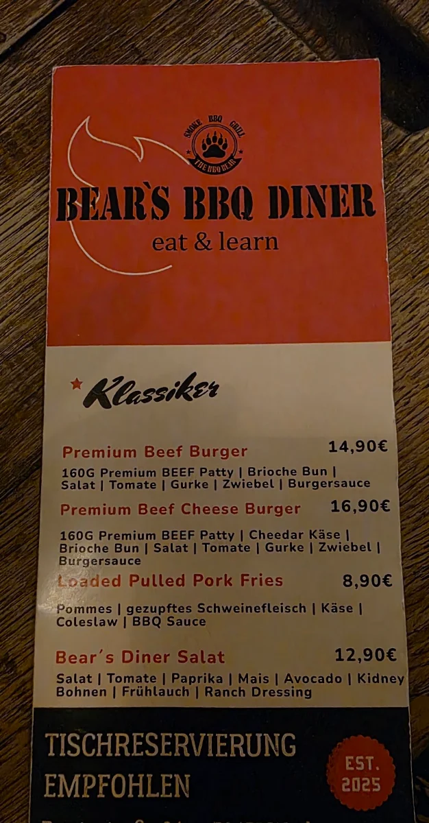 Speisekarte, Bear‘s BBQ Diner Ranch