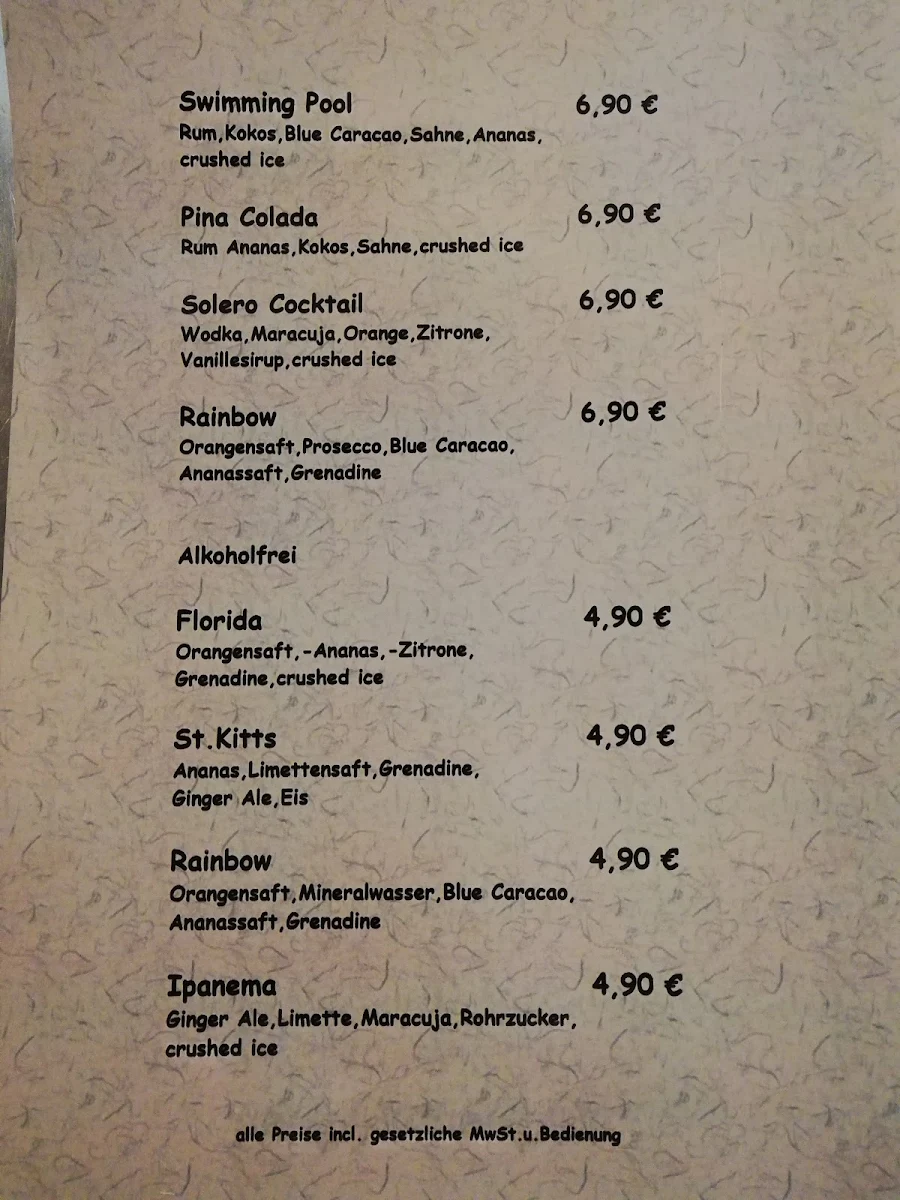 Speisekarte, Minibar