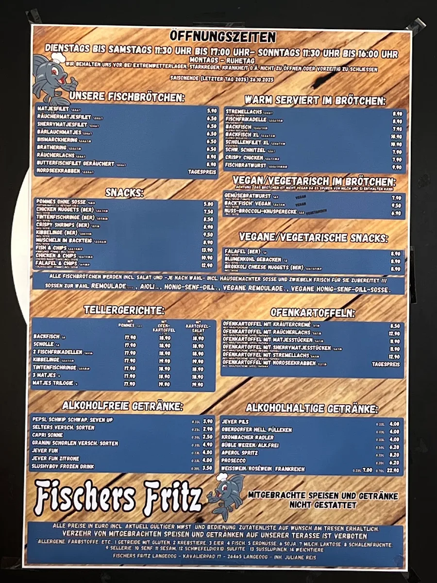 Speisekarte, Fischers Fritz Langeoog
