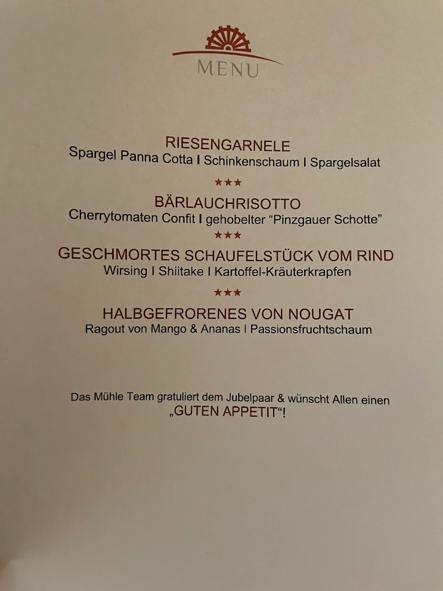 Speisekarte, Restaurant Zur Mühle