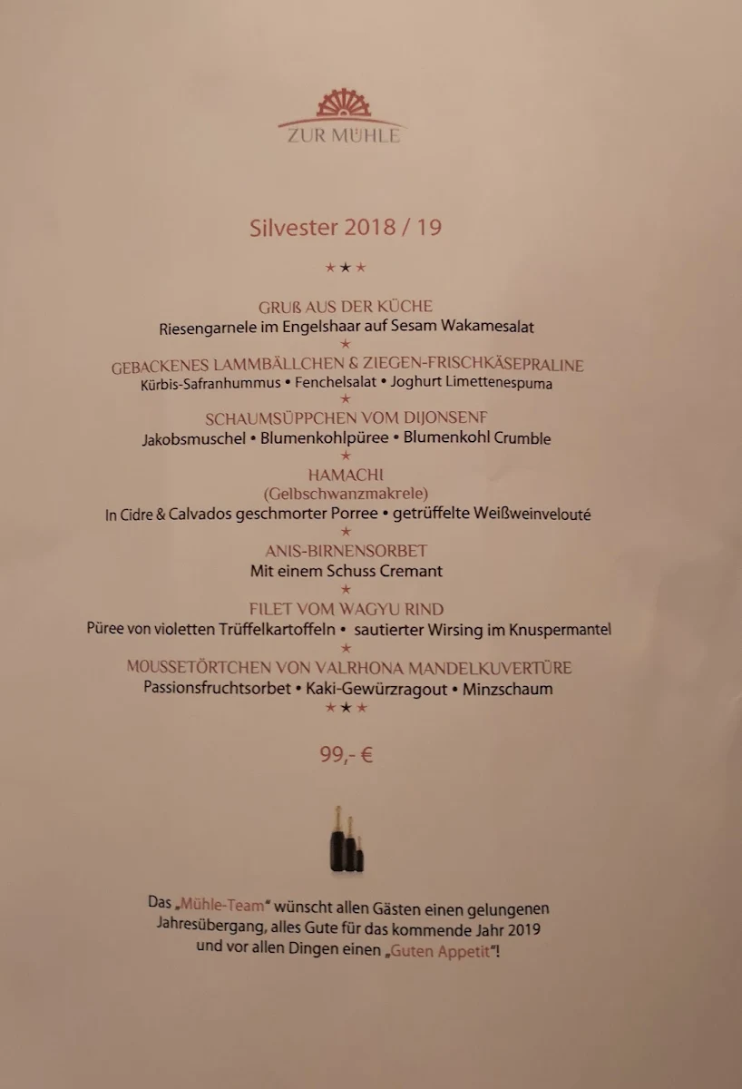 Speisekarte, Restaurant Zur Mühle