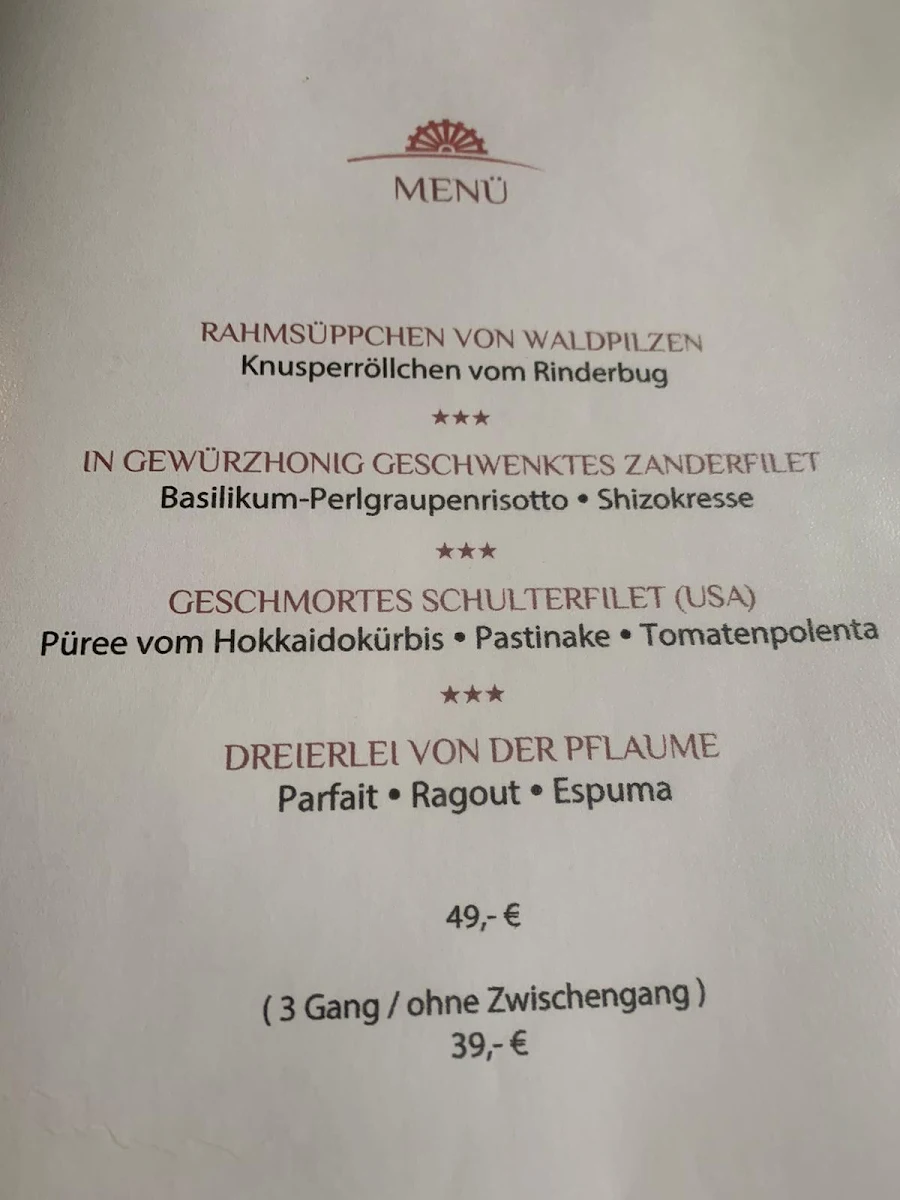 Speisekarte, Restaurant Zur Mühle