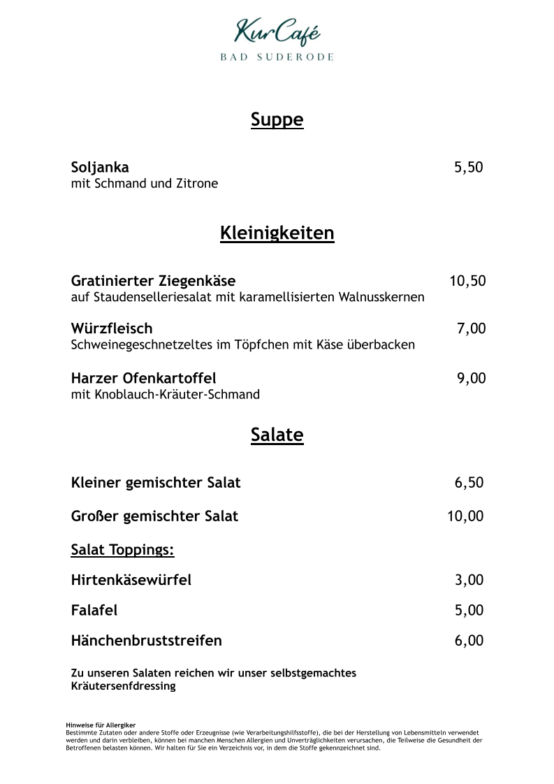 Speisekarte, KurCafé Bad Suderode