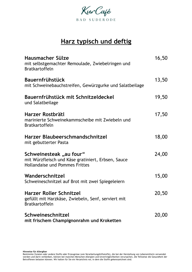 Speisekarte, KurCafé Bad Suderode