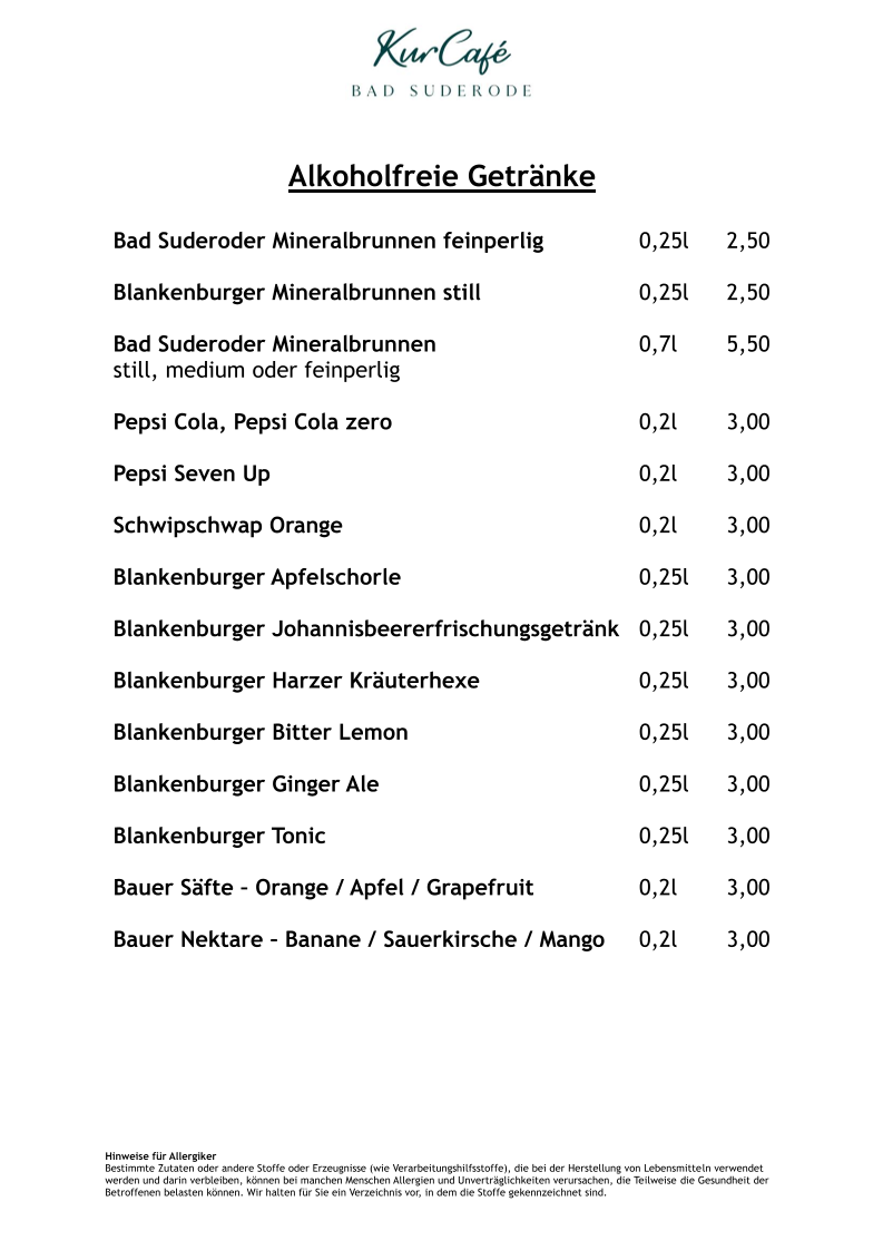 Speisekarte, KurCafé Bad Suderode
