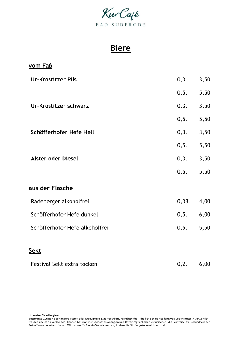 Speisekarte, KurCafé Bad Suderode
