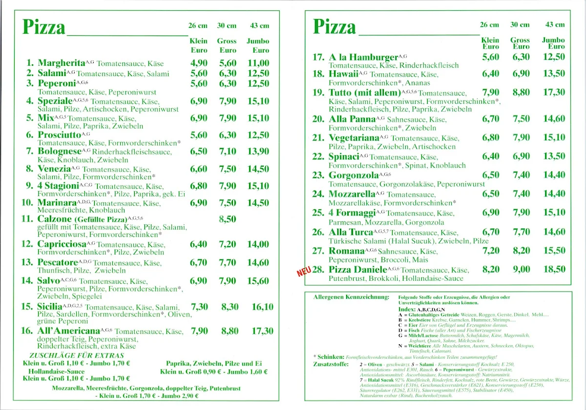 Speisekarte, Pizzeria Da Salvo