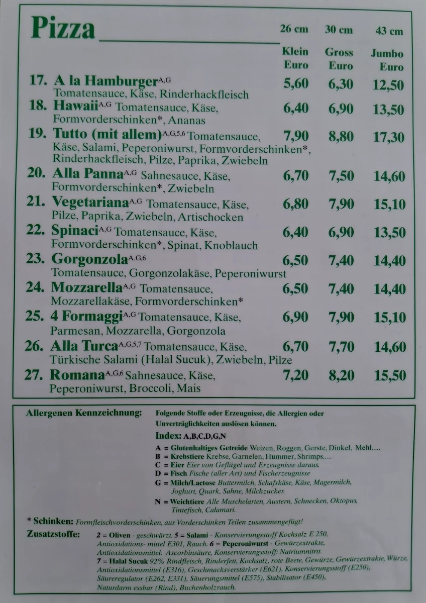 Speisekarte, Pizzeria Da Salvo
