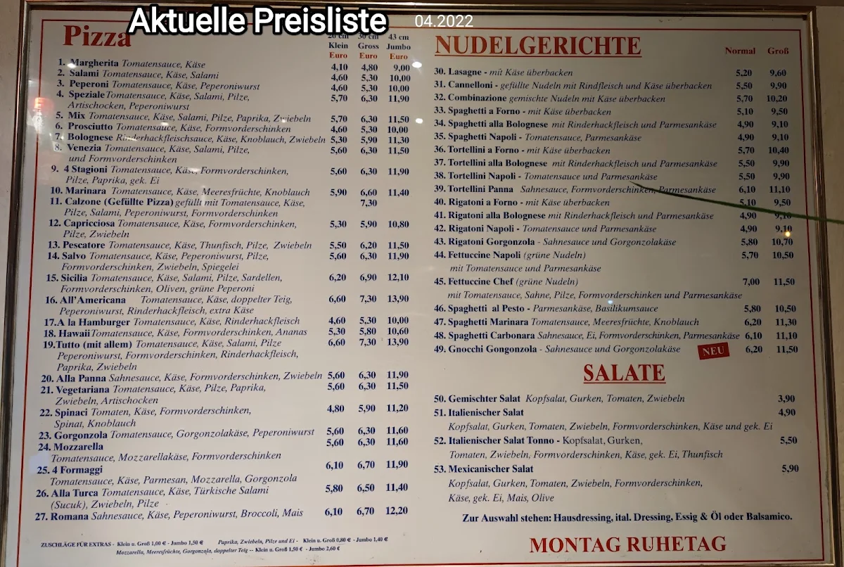Speisekarte, Pizzeria Da Salvo