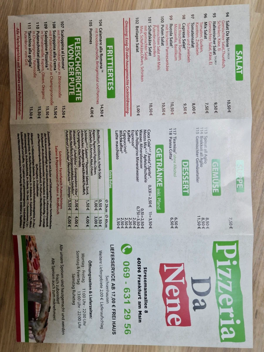 Speisekarte, Pizzeria Da Nene
