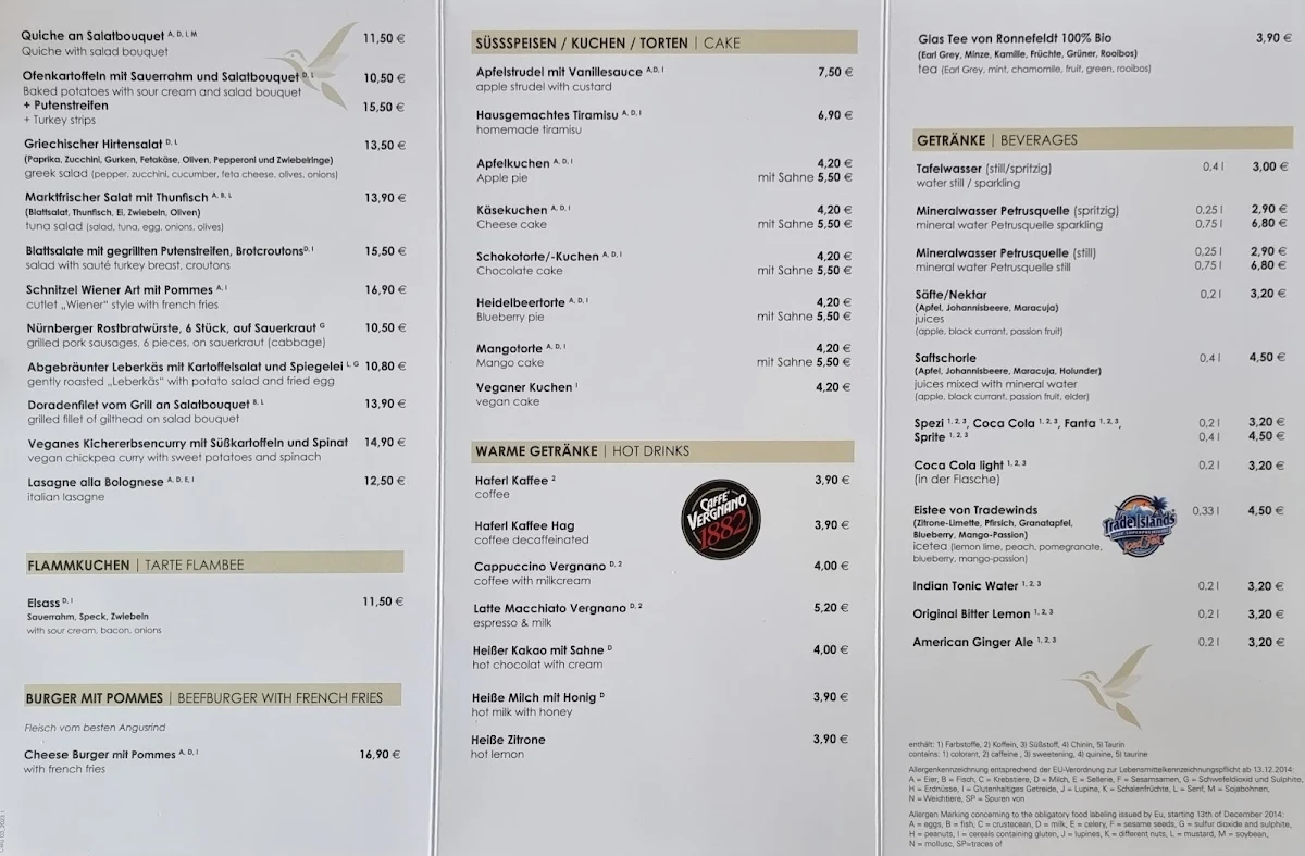 Speisekarte, Café im Botanischen Garten