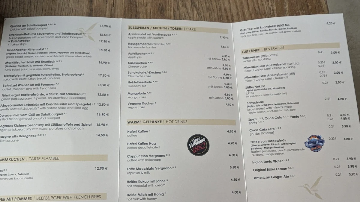 Speisekarte, Café im Botanischen Garten