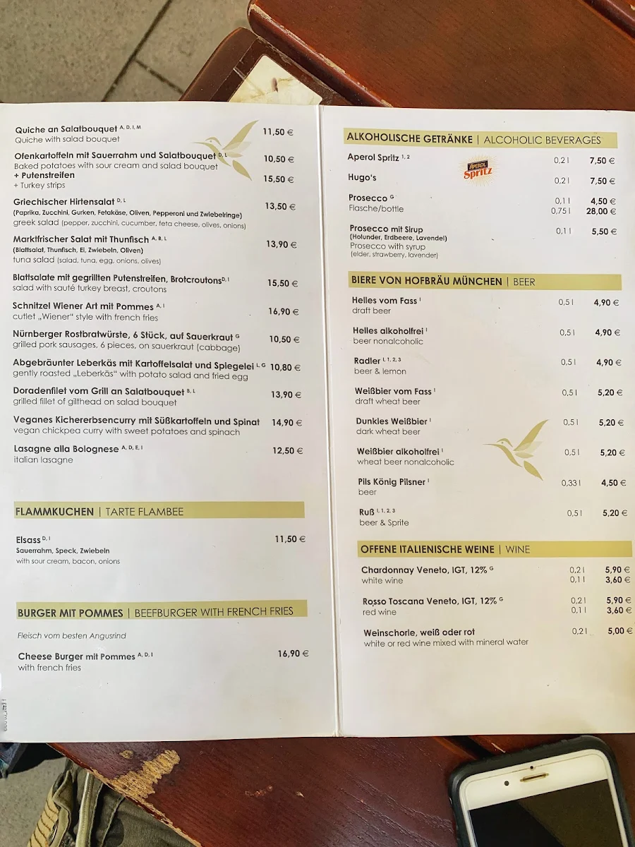 Speisekarte, Café im Botanischen Garten