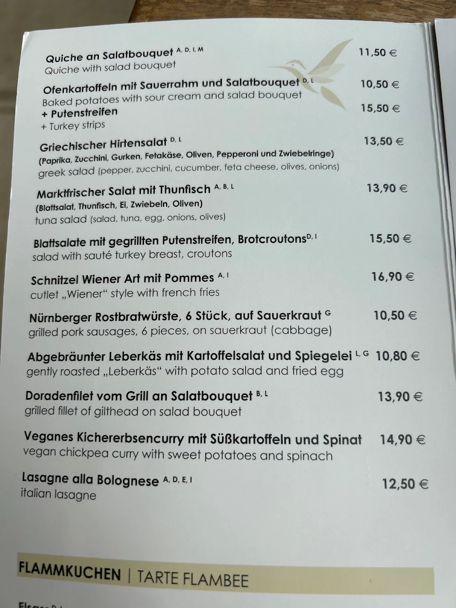 Speisekarte, Café im Botanischen Garten