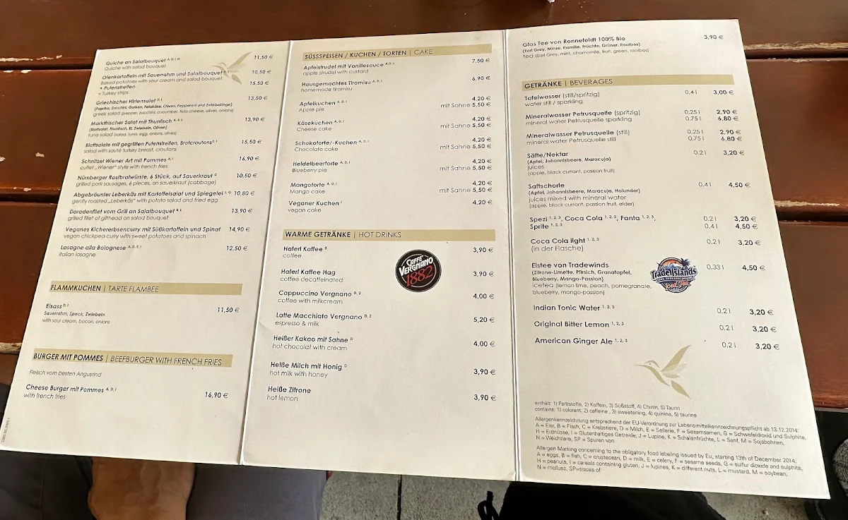 Speisekarte, Café im Botanischen Garten