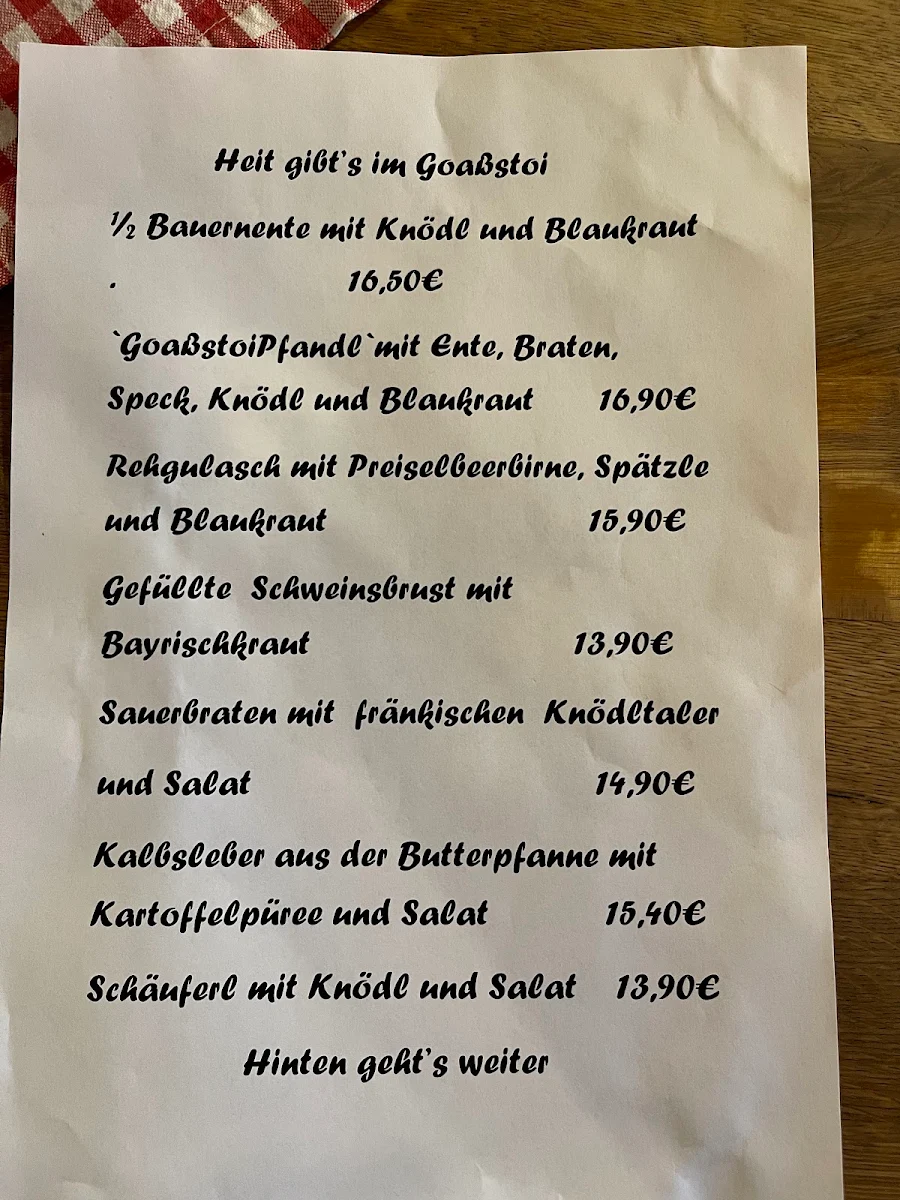 Speisekarte, Almhütte Goaßstoi