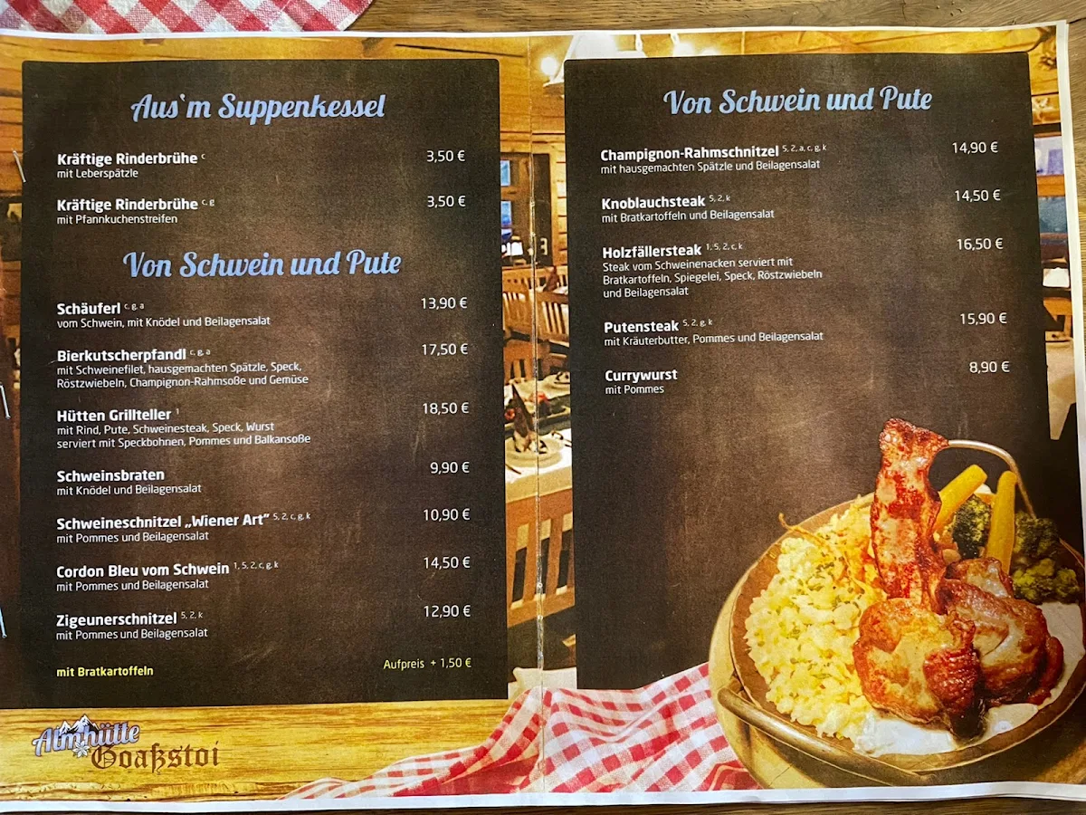 Speisekarte, Almhütte Goaßstoi