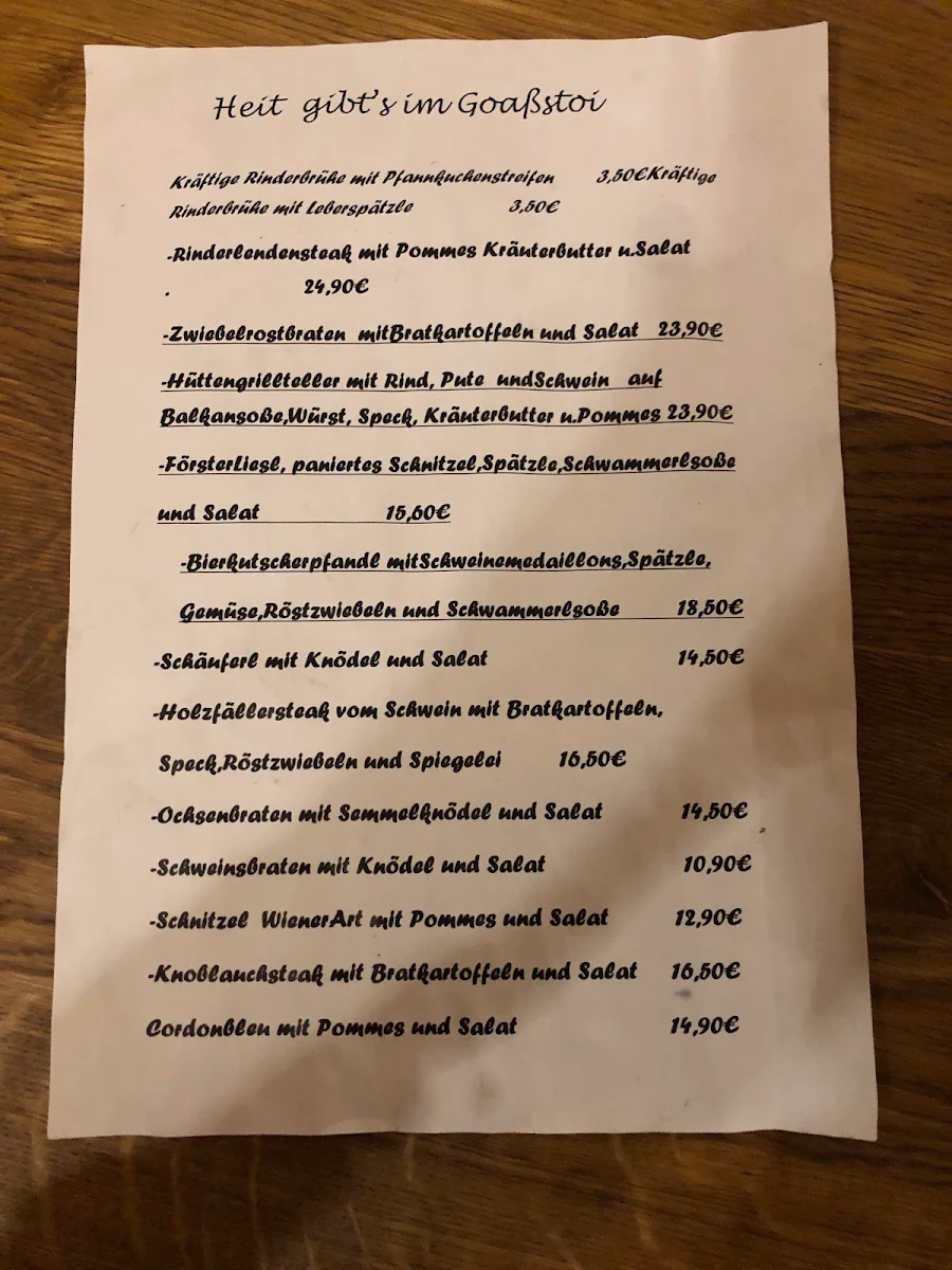 Speisekarte, Almhütte Goaßstoi