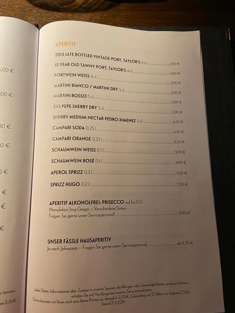 Speisekarte, Nui im Goldenen Fässle