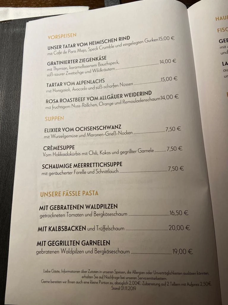 Speisekarte, Nui im Goldenen Fässle