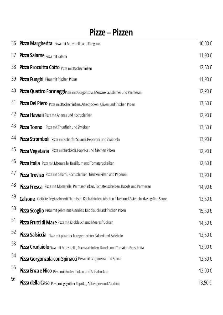 Speisekarte, da Enza e Nico Italienisches Restaurant Verden