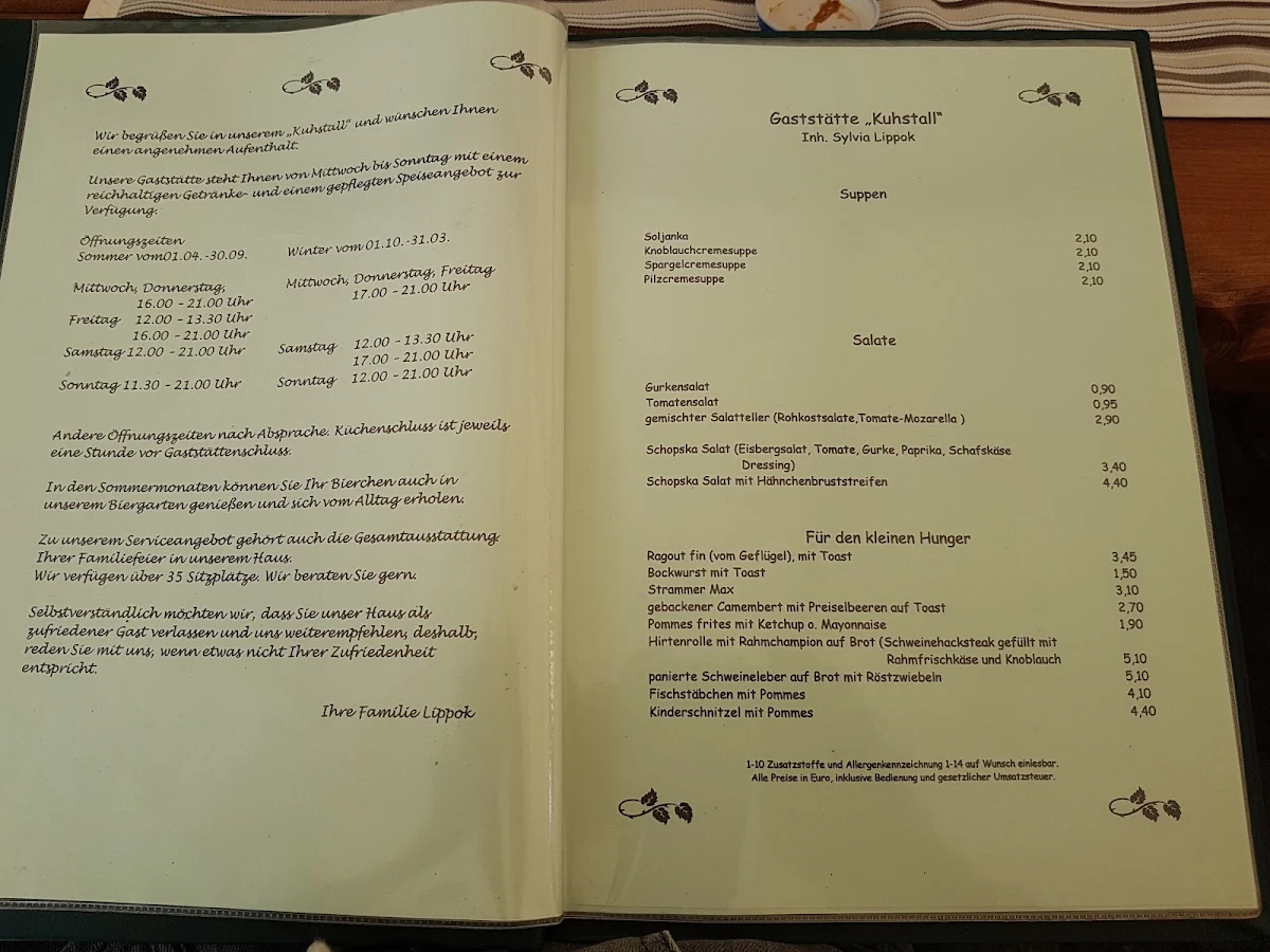 Speisekarte, Kuhstall Inh. Kurt Lippok