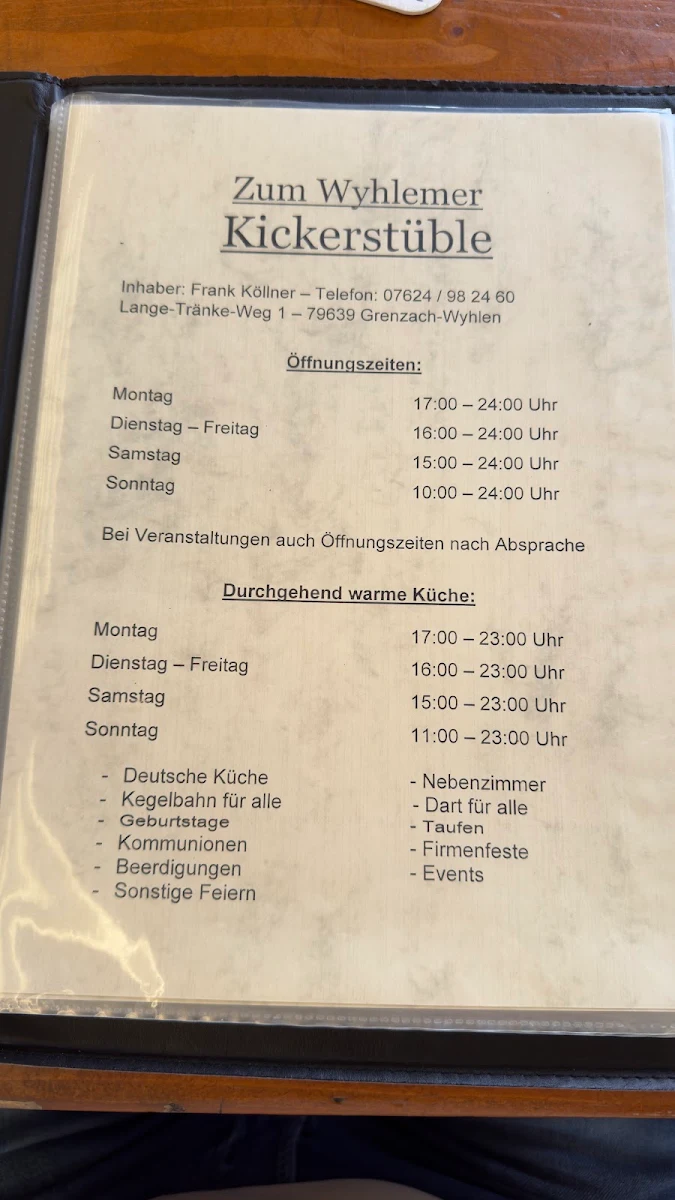 Speisekarte, Zum Wyhlemer Kickerstüble Frank Köllner - Grenzach-Wyhlen