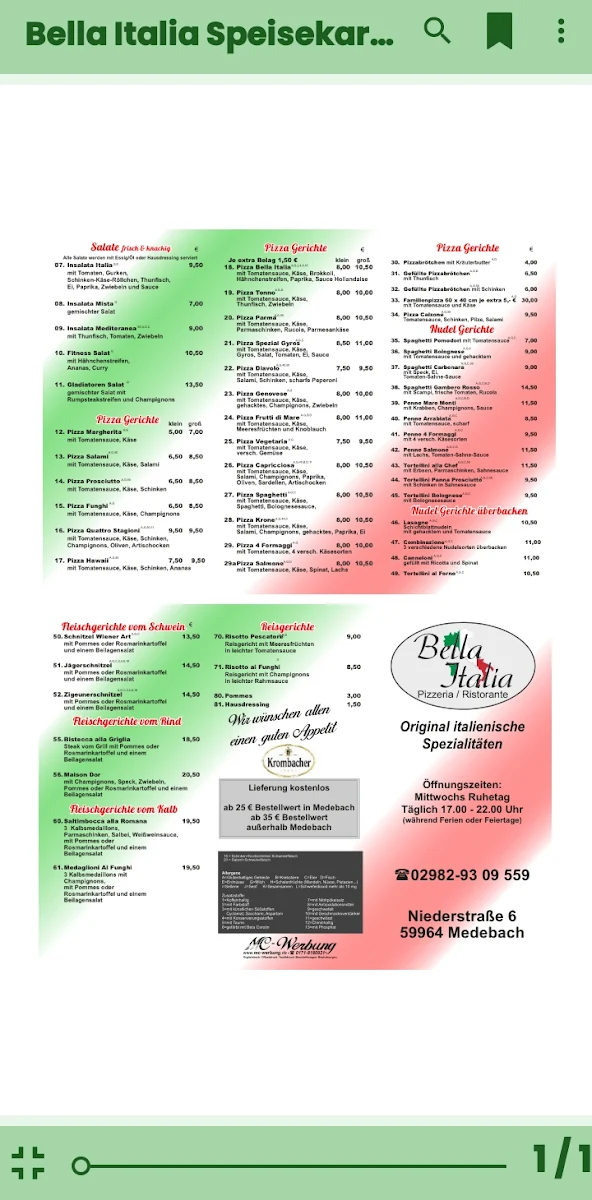 Speisekarte, Pizzeria italia