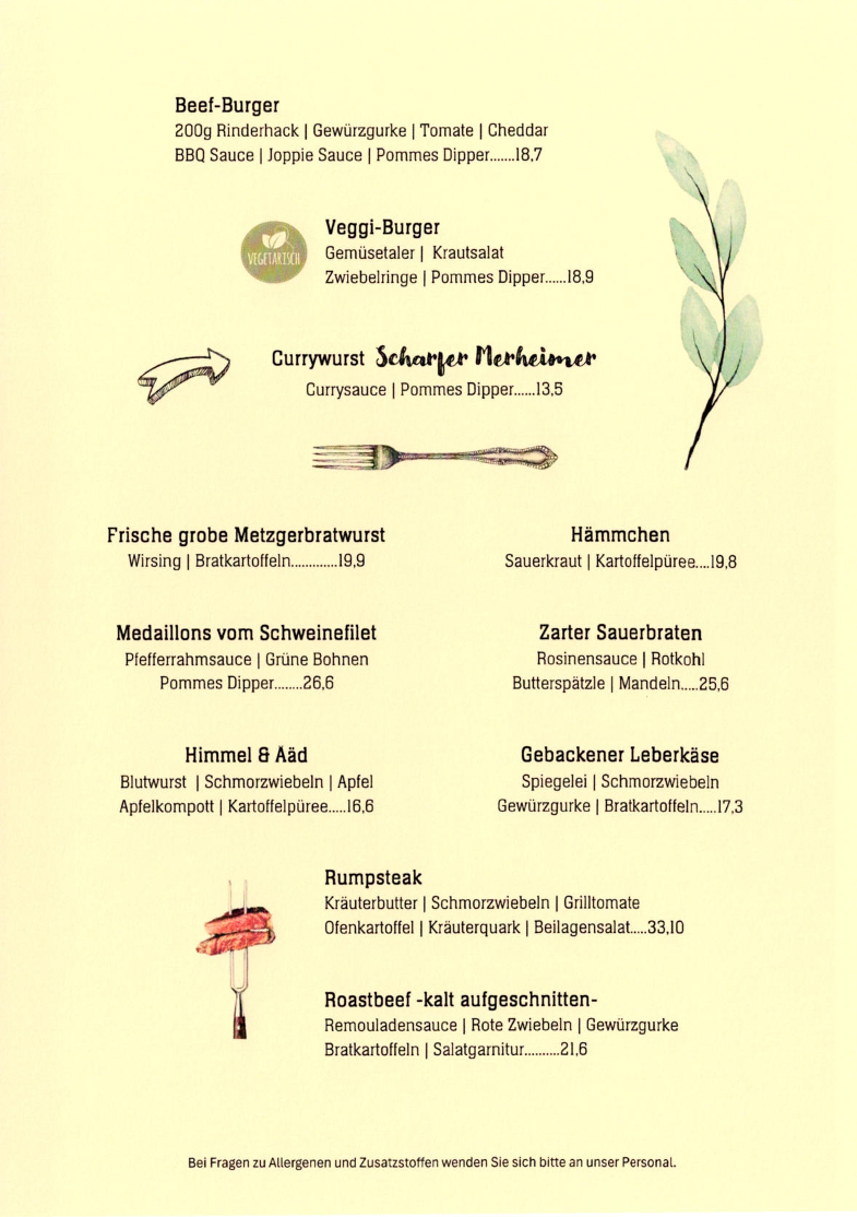 Speisekarte, Brauhaus Goldener Pflug
