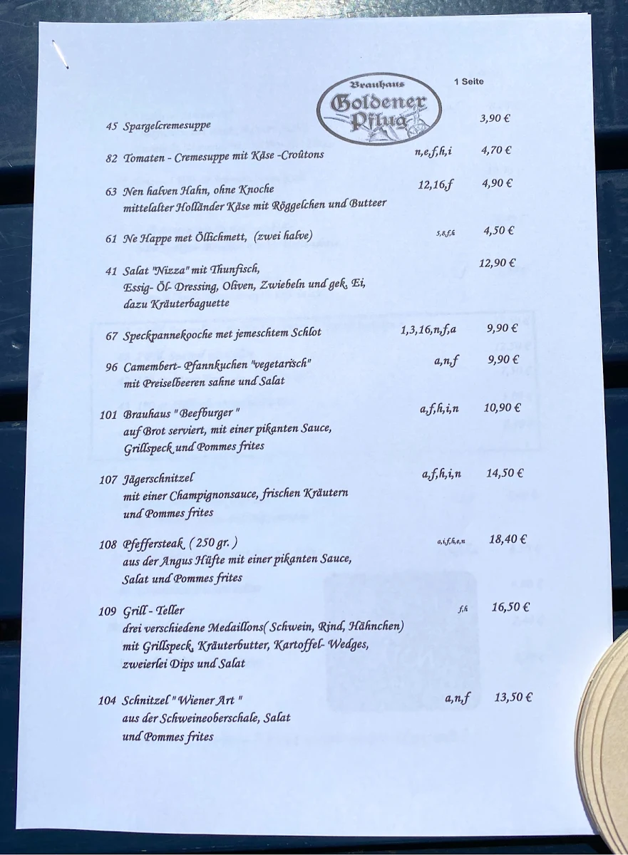 Speisekarte, Brauhaus Goldener Pflug