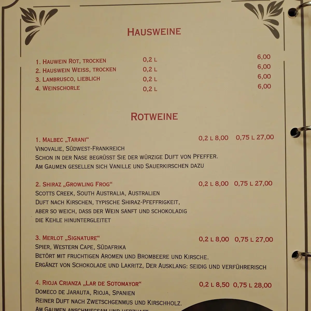 Speisekarte, Rindock‘s Bergedorf
