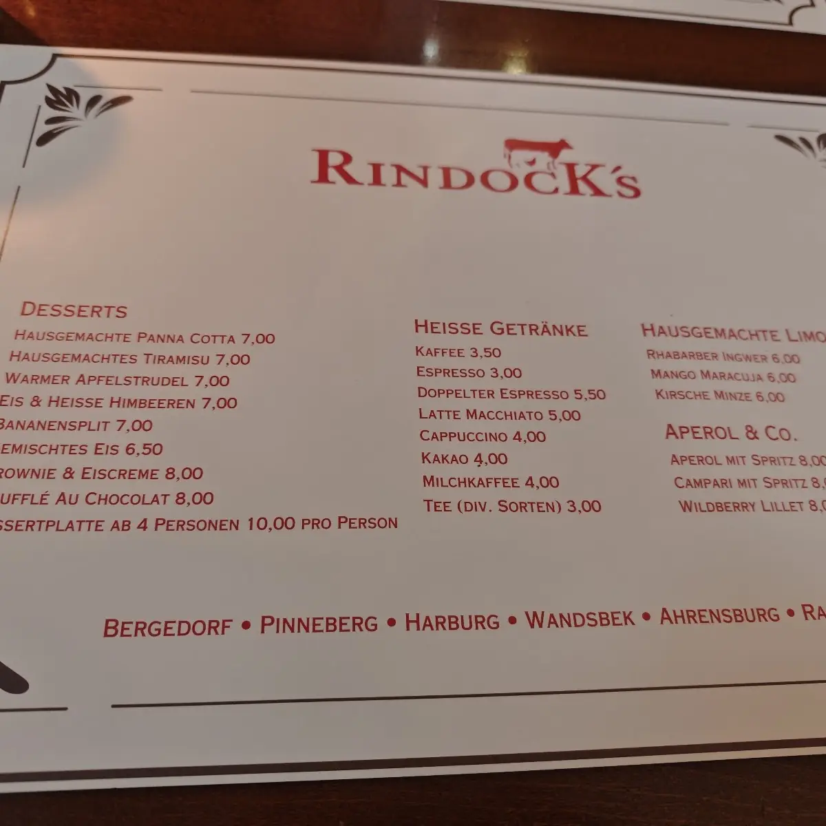Speisekarte, Rindock‘s Bergedorf